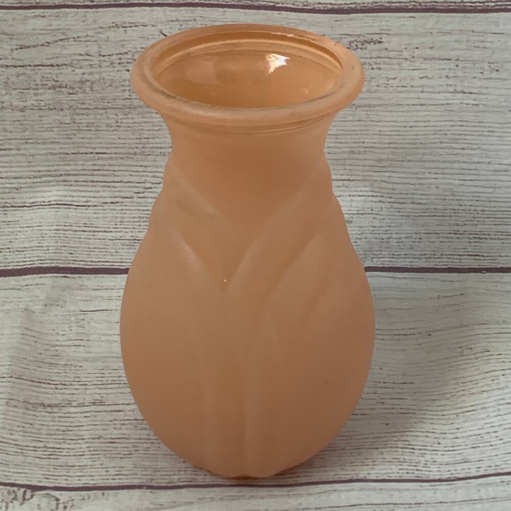 Vintage FTDA Frosted Peachy Pink Art Deco Glass Vase Embossed Drape Design